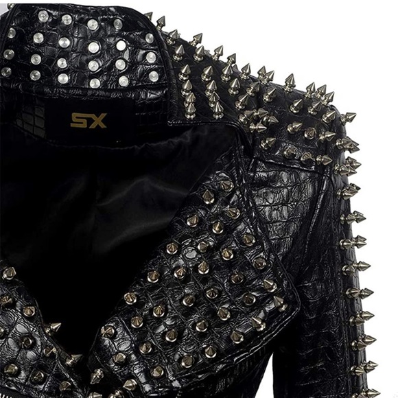 Croc Embossed Faux Leather Jacket Studded Rivet - Picture 3 of 9